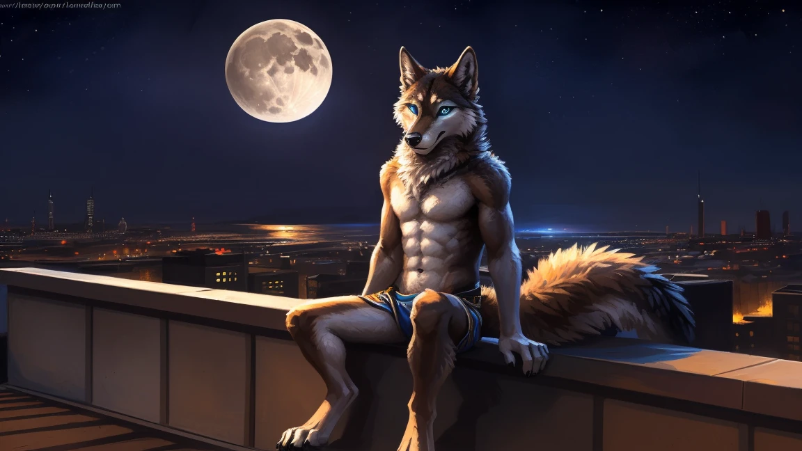 ((Solo)), male people, anthro wolf, (Multi-colored fur, White-brown:1.3), ((Wolf face, Big eyes, White eyelids, Blue pupil, Slim:1.2) (Tough, Calm expression:1.2)), (Height 2.1 meters,Tail length 1.5m), Abs, Slim, pinging, (Correct anatomy), (Contour bone:1.2), The upper body is naked, (detailed outfits), a long large tail，Feet，(Realistic fur, Detailed fur texture, labeled:1.3)), (Natural lighting), Photorealistic, Hyperrealistic, ultradetailed, by Kenket，In the modern city，Roof，the night，Sit alone，Look at the full moon，It was dark，Starry