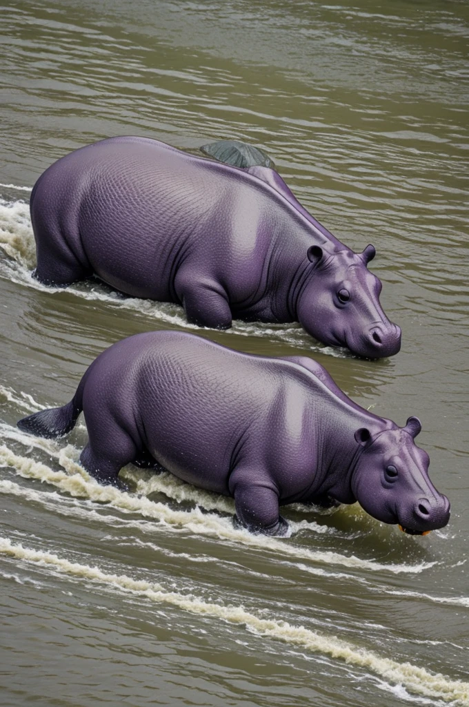 Create a 2d image of a cute chubby purple hippopotamus on the river bank ostracized by other gray hippopotamus 