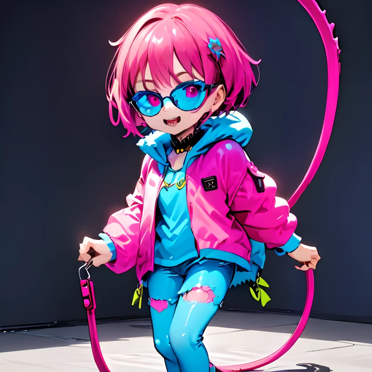 a woman with extremely short wavy hair wearing neon pink glasses and blue skin with sharp teeth wearing neon clothes pulling a leash 2D anime version