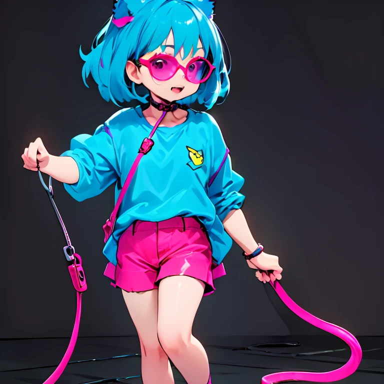 a woman with extremely short wavy hair wearing neon pink glasses and blue skin with sharp teeth wearing neon clothes pulling a leash 2D anime version