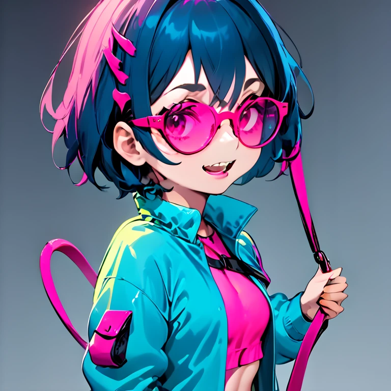 a woman with extremely short wavy hair wearing neon pink glasses and blue skin with sharp teeth wearing neon clothes pulling a leash 2D anime version