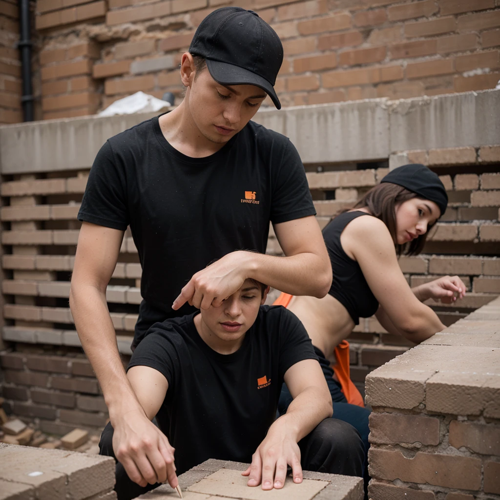 Bricklayers crew, working, black tshirt, orange:#da572b gloves, working on scaffolding, pores, ((detailed)), ((ultrarealistic)), sunny day, ((sony a7))