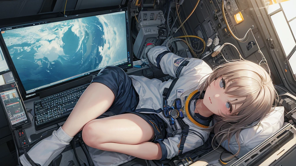 Ultra-detailed and ultra-realistic, This image contains、It shows a  astronaut sitting intently in front of a control panel.。, surrounded by a complex array of flashing lights and complicated machinery.. 's youth々Shishi Face、Painted with sharp focus and exceptional detail。, He opened his eyes wide、目の前のVariety of表示や指標を見つめていた。. I furrowed my brow in concentration.、Sweat on the forehead, Demonstrate the tension and importance of the situation.

The control room is soft, Surrounding glow, Long Cast, Dynamic shadows that enhance the depth and texture of every component and surface. Wires and cables snake across the panel, Variety of