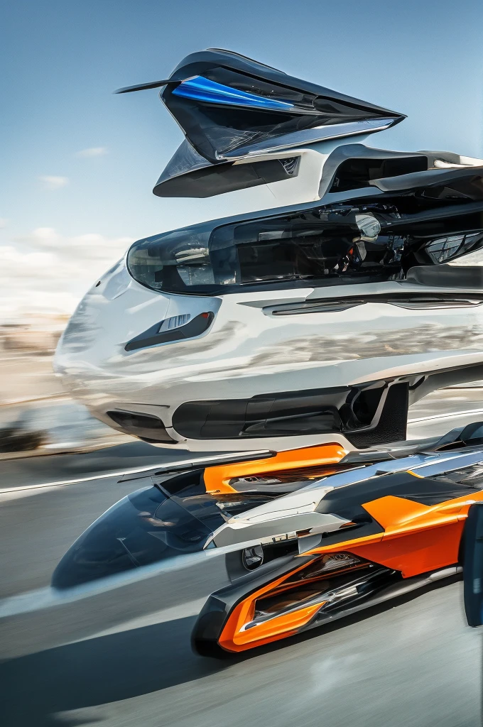 Car of the Future、A futuristic city with skyscrapers、Flying Car、Flight engines are attached to both sides、cyber punk、