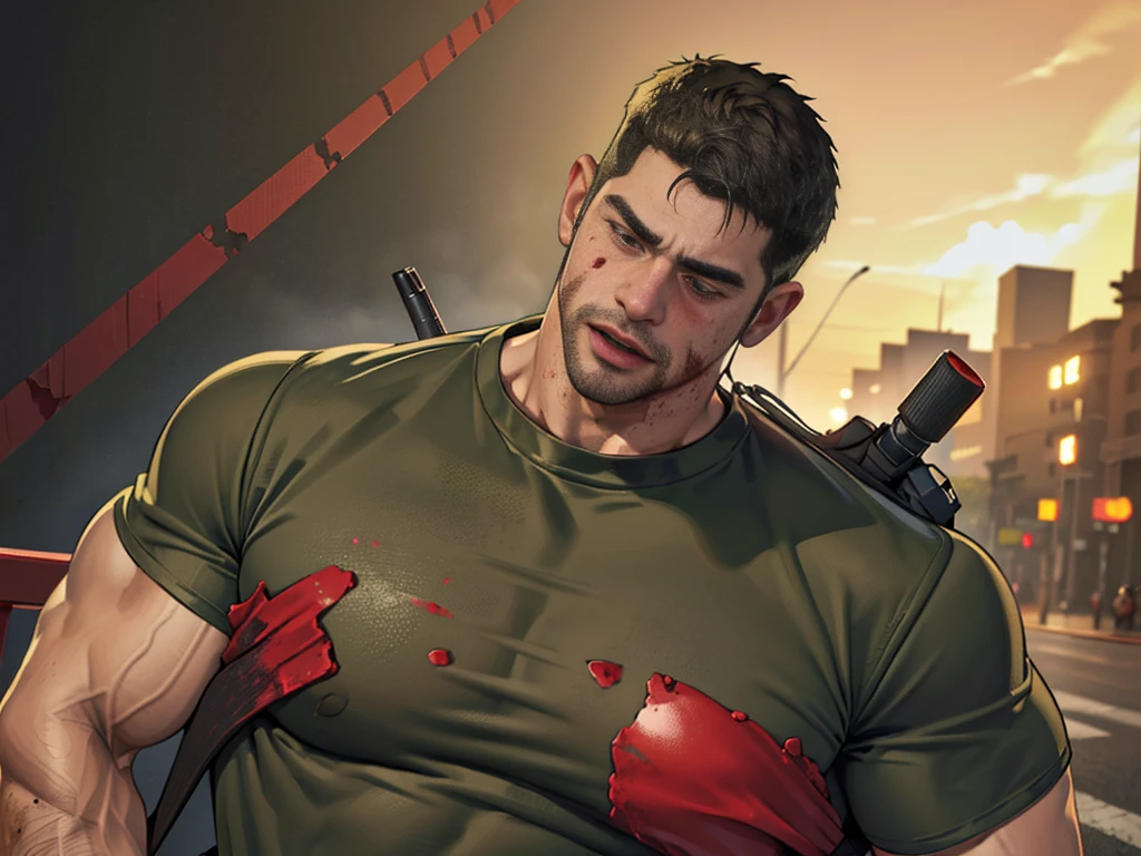 (Create a masterpiece: 1.2),(CGI art:1.3),(realistic:1.5),(After processing:1.3),(Sharp focus:1.3), (Chris Redfield), Shocked, open mouth wide, Arms beside the body, straight, front ,,(black hair), smile open mouth, (Wear color olive green round neck T-shirt: 1.5), (with a Police badge: 1.2), olive green cargo, black glove, (blood splatters) ,( abrasions on face: 1.2), (Blood stains on the face and body: 1.2), Korean guy , korean men, (High gloss details), chest muscles, large arm muscles, blood vessel, Big muscles, Broad shoulders, looking at the audience, Balancing the eyes, middle of the road , (Carrying a black backpack: 1.3) ,walk to camera ,(Fire blazes behind)