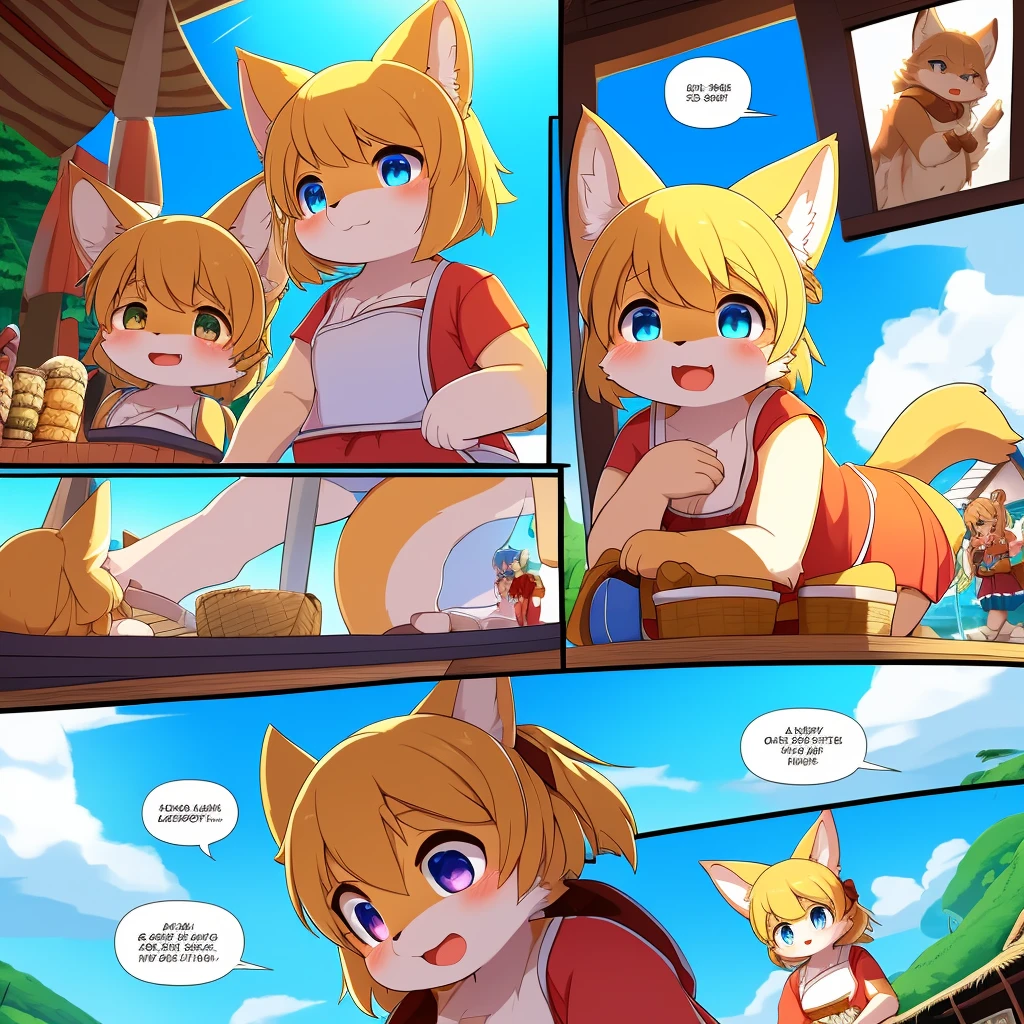 top quality, best quality, highres, masterpiece, super high resolution, detailed background, Summer, camp, island, 6+boys, 6+girls, absurdres(highly detailed beautiful face and eyes)perfect anatomy, good lighting, cinematic shadow(kemono, furry anthro)assorted expressions, assorted poses, assorted angles, full body, upper shot, dynamic angle,(girls comic-like panel layouts, speech balloon, English text, Hand-drawn sound effects stickers used in girls comic), Magic, Market
