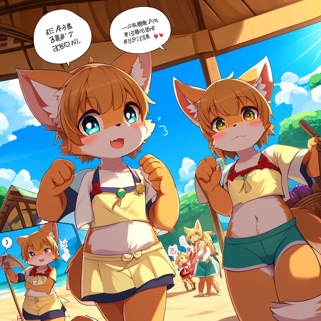 top quality, best quality, highres, masterpiece, super high resolution, detailed background, Summer, camp, island, 6+boys, 6+girls, absurdres(highly detailed beautiful face and eyes)perfect anatomy, good lighting, cinematic shadow(kemono, furry anthro)assorted expressions, assorted poses, assorted angles, full body, upper shot, dynamic angle,(girls comic-like panel layouts, speech balloon, English text, Hand-drawn sound effects stickers used in girls comic), Magic, Market
