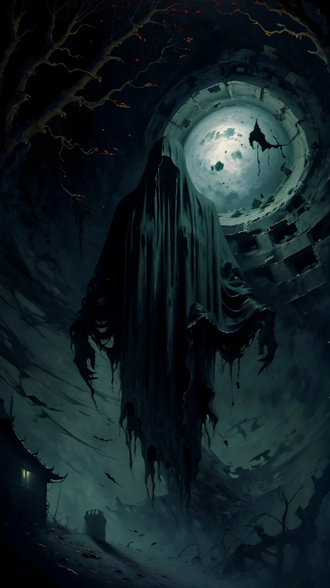 a horror scene that is truly terrifying, with a decrepit haunted house, a full moon casting eerie shadows, ghostly figures with glowing eyes, an atmosphere of dense fog, the unsettling presence of unseen monsters, hyper-realistic, ultra-detailed textures, cinematic lighting with heavy contrast, UHD quality