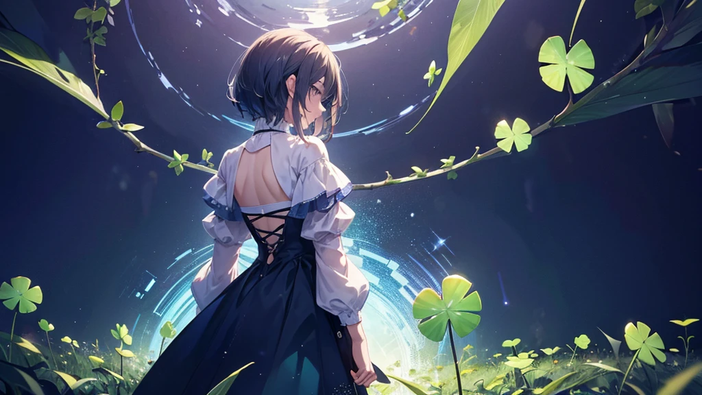 A person standing under a high wall，Holding a lucky four-leaf clover, looking up and forward，Background two-dimensional wallpaper 4k ultra clear，The character is a girl，The character has his back to me，night，Highlighting the insignificance of characters，Side close-up，Magical World，Wide scene
