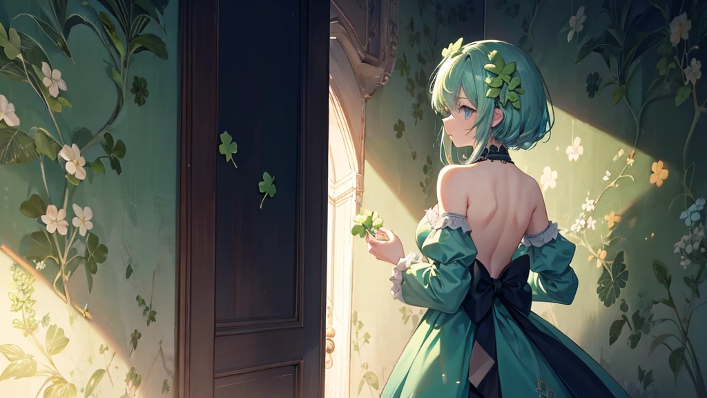 A person standing under a high wall，Holding a lucky four-leaf clover, looking up and forward，Background two-dimensional wallpaper 4k ultra clear，The character is a girl，The character has his back to me，night，Highlighting the insignificance of characters，Side close-up，Magical World，Wide scene