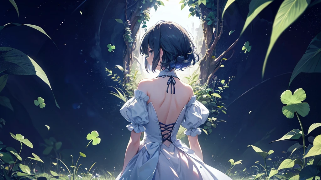 A person standing under a high wall,Holding a lucky four-leaf clover, looking up and forward,Background two-dimensional wallpaper 4k ultra clear,The character is a girl,The character has his back to me,night,Highlighting the insignificance of characters,Side close-up,Magical World,Wide scene