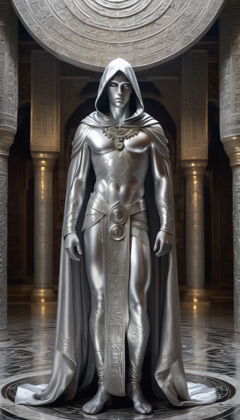A full-length statue of the sexual young man with beautiful silver eyes looking forward with silver skin - God of the moon, made of silver, arabic appearance, naked in a floor-length silver skirt, covered with a hood, semicircular symbols on clothes    
In the temple with Arabic architecture made of silver, dark fantasy style