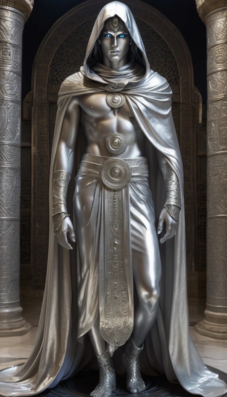 A full-length statue of the sexual young man with beautiful silver eyes looking forward with silver skin - God of the moon, made of silver, arabic appearance, naked in a floor-length silver skirt, covered with a hood, semicircular symbols on clothes    
In the temple with Arabic architecture made of silver, dark fantasy style