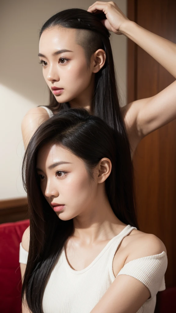 Malay , (Female), mid-20s, long hair, shaving her head leaving bald patch on middle of her scalp, high detail hair and scalp