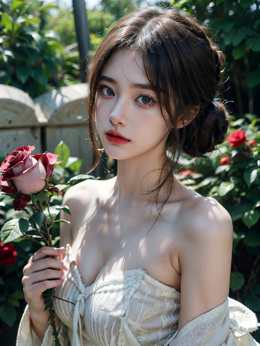 1girl, (looking at viewer:1.2), detail face, (a girl standing, rending on cgsociety, Rose bush backdrop), romanticism, atmospheric, (RAW photo, best quality), (realistic, photo-realistic:1.3), masterpiece, an extremely delicate and beautiful, extremely detailed, D cup，Cleavage，Translucent brown tube top 1.5）Hair in a bun，Exquisite eye details，