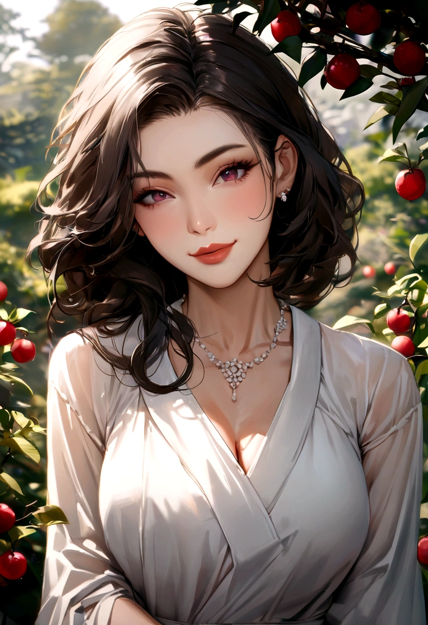 最high quality, In 8K, Masseter muscle area, Lifelike, Sharp focus, high quality, High resolution, Detailed face, Detailed eyes, Thick lips, (Look at the viewers), solo, Middle-aged women, Beautiful woman,45 years old, plum, Beautifully styled hair, ,White Dress, Afternoon in the garden smile Japanese、