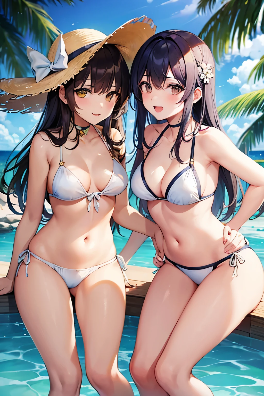 Two Girls,White Bikini,Yellow swimsuit,sexy,glamorous,