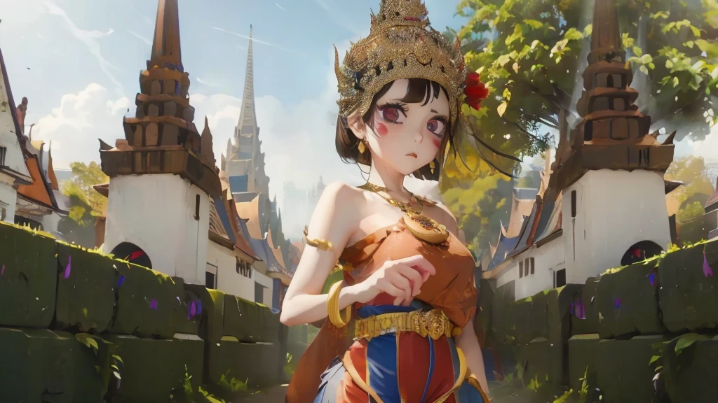 anime girl in a brown dress and a crown standing in front of a castle, artwork in the style of guweiz, anime thai girl, guweiz, artgerm and atey ghailan, guweiz on artstation pixiv, guweiz on pixiv artstation, 2. 5 d cgi anime fantasy artwork, guweiz masterpiece, Pomni in thai dress and The background is a Thai temple, Red and blue shirt, Pomni face,