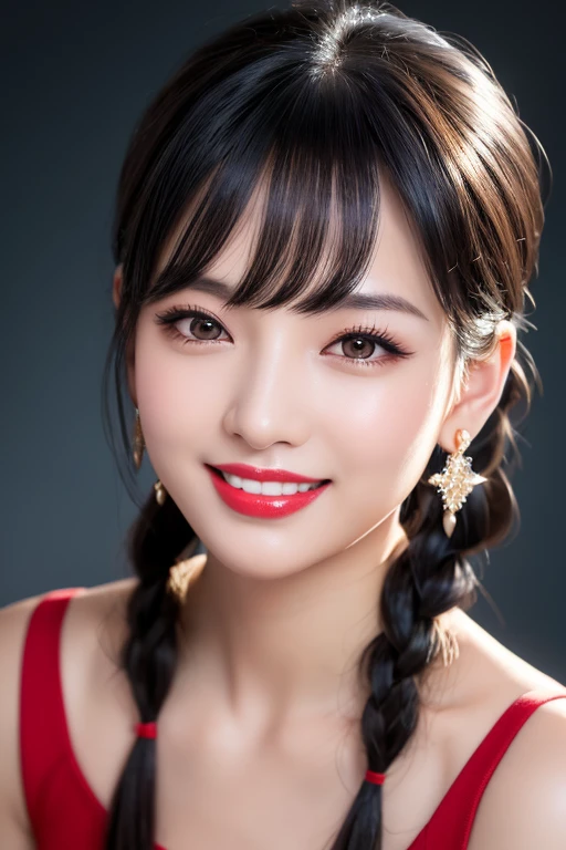 Black Hair、Hair Bob、wince、Long eyelashes、Round eyes、False eyelashes、A light smile、correct、Striped Hair、Curly Hair、Braided Ponytail、鈍いbangs、bangs、Side Ponytail、Very long hair、hair band、Earrings、Red lips、teeth、Laughter、Surrealism、Drop Shadow、Anaglyph、Stereogram、Character portrait、Subjective、Atmospheric Perspective、Ray Tracing、shine、Nikon、shortening、Super detailed、highest quality、High resolution、UHD、解剖学的にcorrect、Textured Skin、Super detailed、1080P、16k