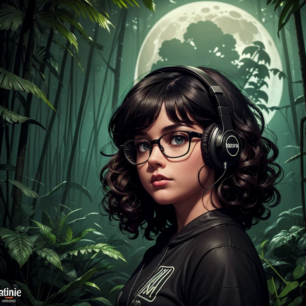 dark night at Amazon dense rainforest, podcast logotype, brunette, curly hair with bangs, young podcaster chubby woman wearing headphones with dark clothes, with dark heavy makeup, wearing glasses, podcast retro radio microphone, shadows in the background, Amazon Forest fauna, horror, mystical, 1990's art style, wide screen, high quality, moon behind, scary dark scenario