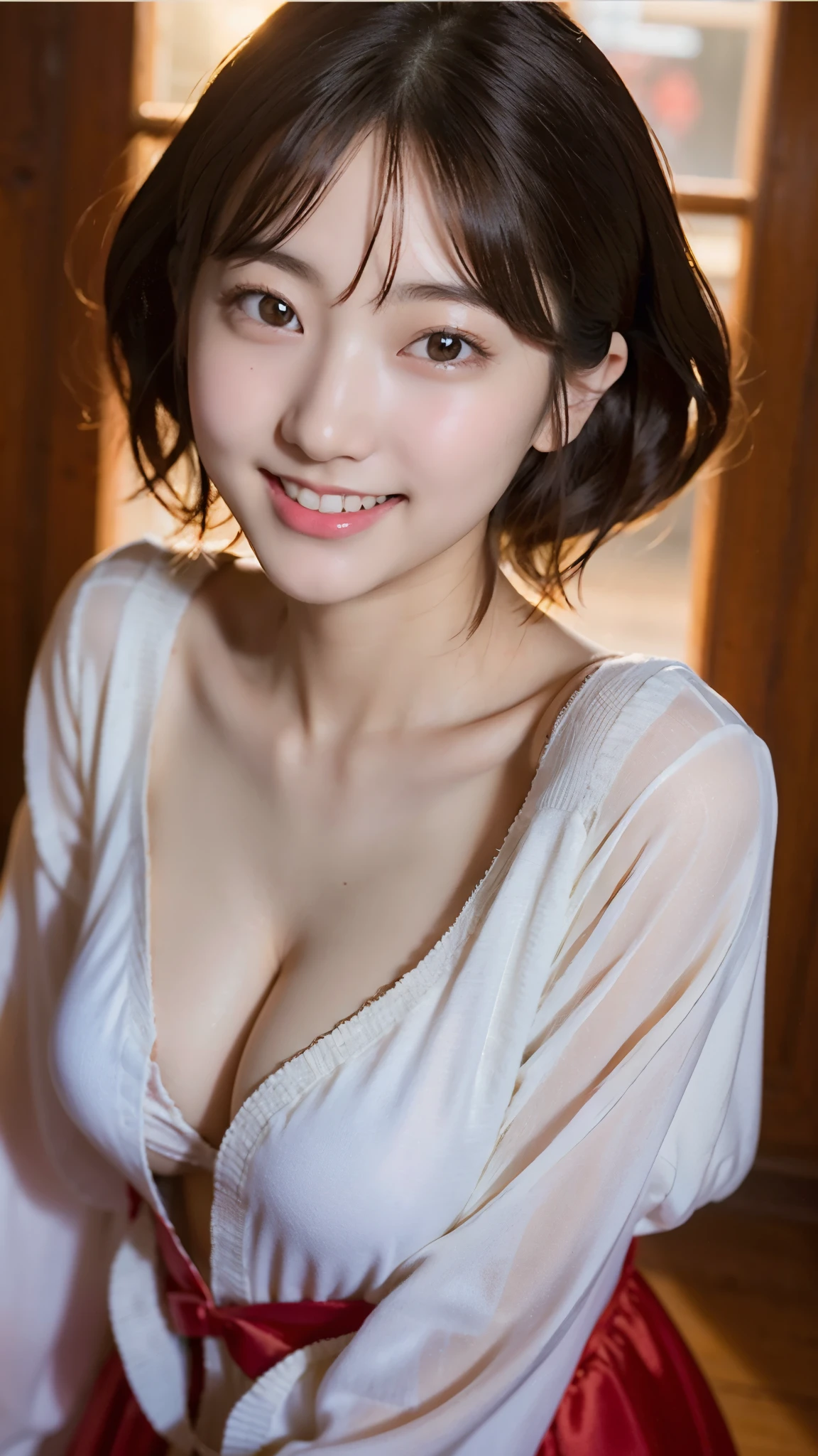 incredibly absurd, beautiful and cute 20-year-old Korean girl with a photorealistic face, showcasing top-quality craftsmanship. Her slender frame adorned with short, messy hair. The artwork high-resolution, allowing for ultra-detailed features to be captured flawlessly. The girl is wearing Christmas Costume. The focus lies on the realistic pupils, showcasing depth and emotion. ((breasts out)) cute smile.