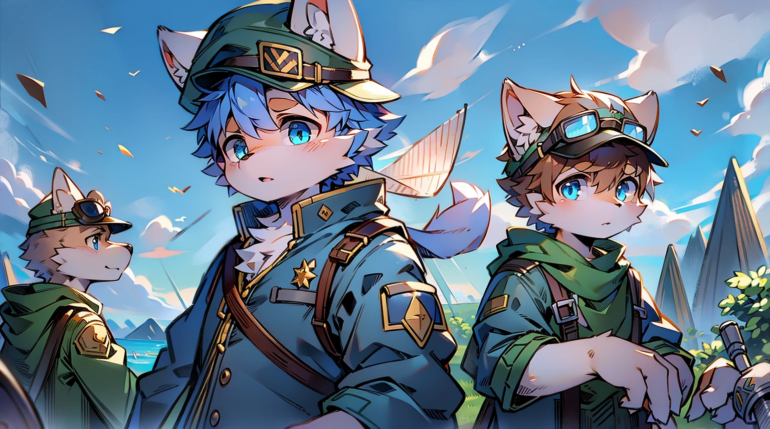 Wolf，Gray fur，Sky blue eyes，German style military uniform，Wear goggles，The only person，The background is a dark battlefield，bust，boy，juvenile