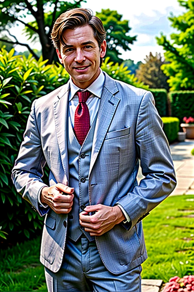 A man, Father, dad, portrait, photoPractical, Very detailed, 8K, Practical, Practical lighting, warm color灯光, warm color, Expression of love, Kind eyes, gentle smile, wear a suit, hold , outdoor, garden, Flowers, Sun rays, Soft Focus