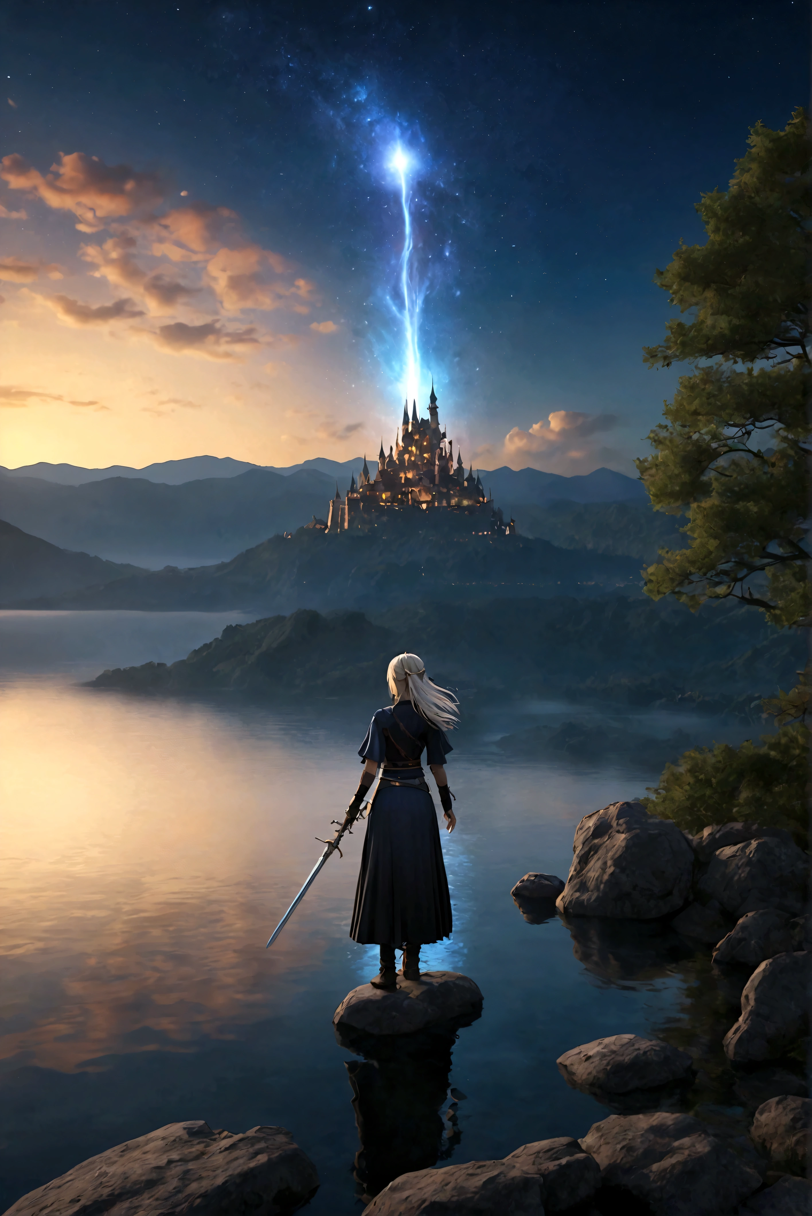 (8k, highest quality, masterpiece, final fantasy style: 1.2), (unRealistic, photoRealistic: 1.37), (one mage lady standing on lake side, huge bouncing bust, with sword with fire, Her sword shines into the heavens:1.1), Dreamy landscape, Fantasy, Unsurreal landscapes, Super detailed, Flying medieval castle, Floating Island in the Sky, Seven-colored swirl of light, (流星のMr.に空を舞う光り輝く尾の長い小鳥:1.3), Aurora, Intense lightning, milky way, Complex Light, Mr.々Colored light, Large Lake, Starry sky reflected on the lake surface, Countless shining stars, Meteors, Many meteors, Aura of, (A pillar of light emanated from the ground:1,2), 複雑な文Mr.の魔法陣,