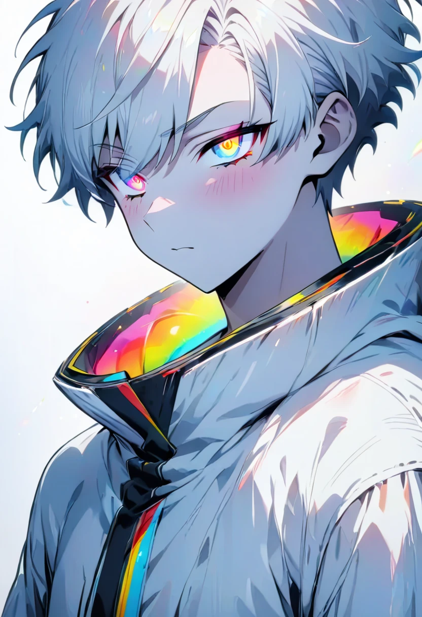 [(WHITE BACKGROUND:1.5)], ((masterpiece)), high quality, ((solo)), ((unger boy)), (white color short hair), (rainbow color eye), bright skin, white parka, upper body, ((anime style)),