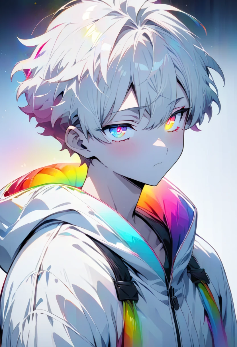 [(WHITE BACKGROUND:1.5)], ((masterpiece)), high quality, ((solo)), ((unger boy)), (white color short hair), (rainbow color eye), bright skin, white parka, upper body, ((anime style)),