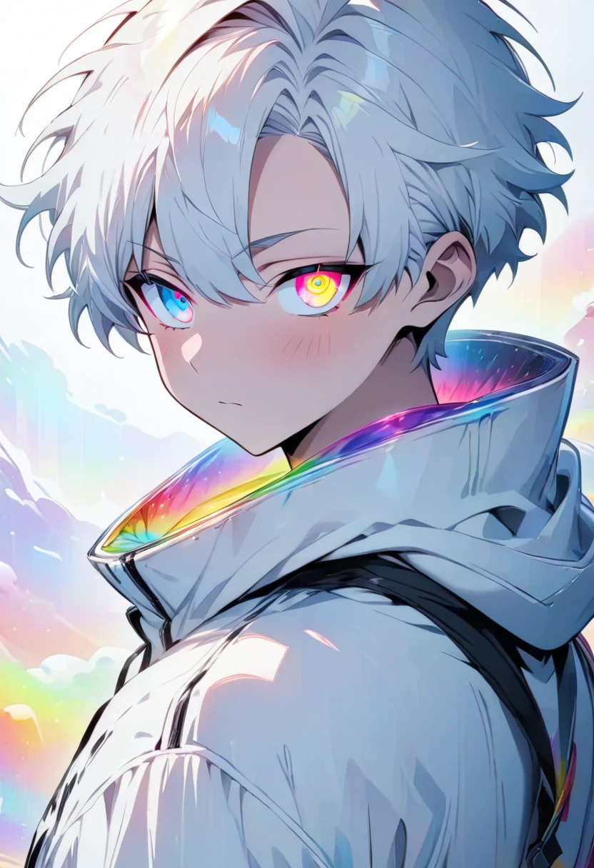 [(WHITE BACKGROUND:1.5)], ((masterpiece)), high quality, ((solo)), ((****unger boy)), (white color short hair), (rainbow color eye), bright skin, white parka, upper body, ((anime style)),