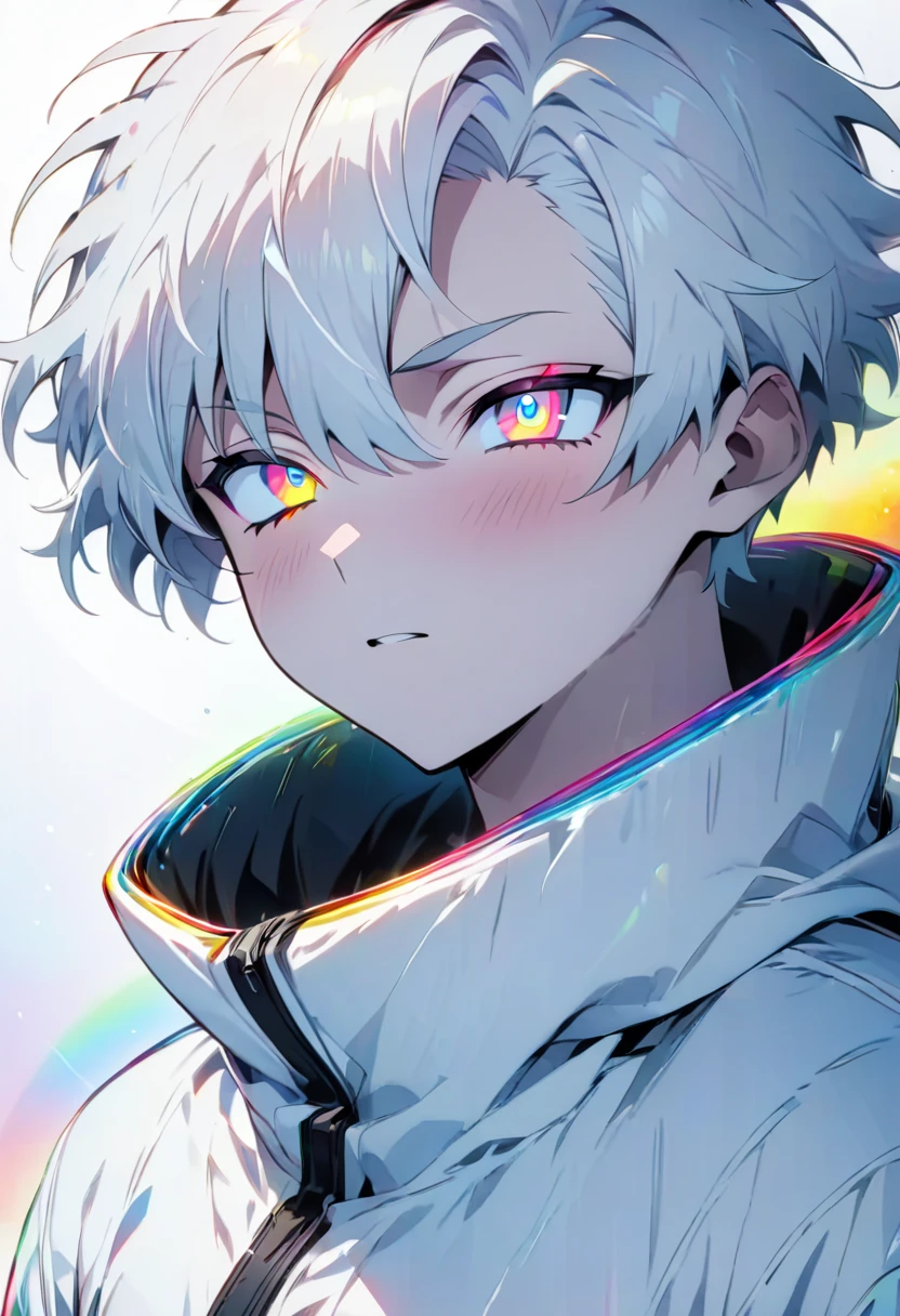 [(WHITE BACKGROUND:1.5)], ((masterpiece)), high quality, ((solo)), ((unger boy)), (white color short hair), (rainbow color eye), bright skin, white parka, upper body, ((anime style)),