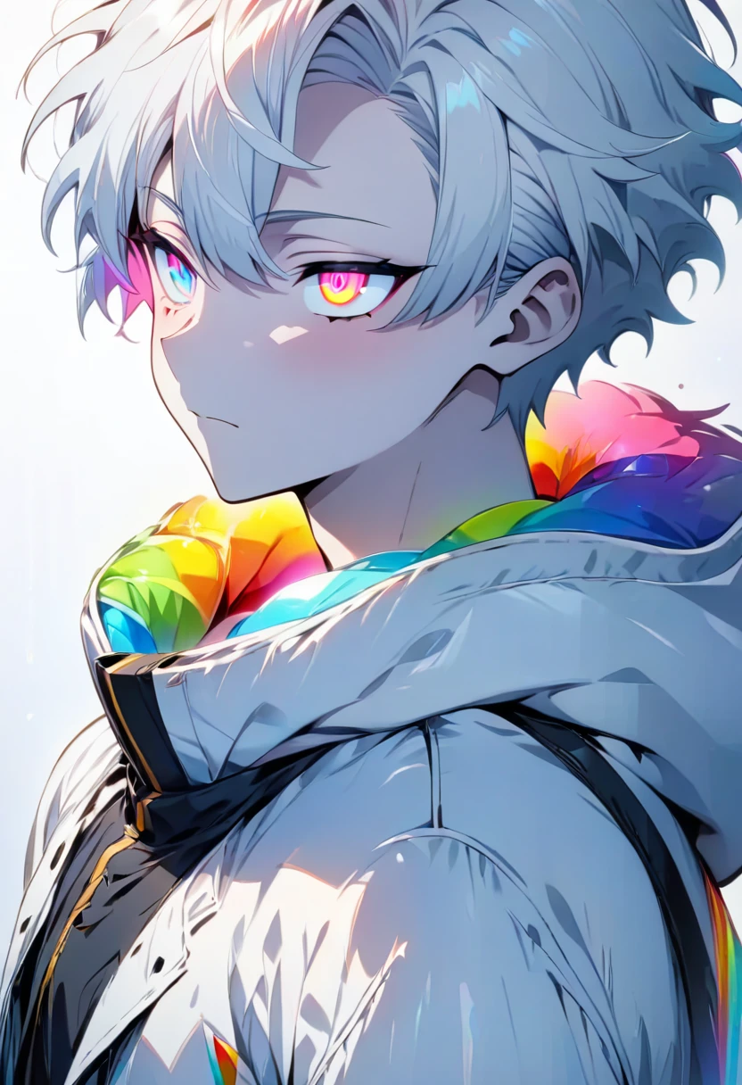 [(WHITE BACKGROUND:1.5)], ((masterpiece)), high quality, ((solo)), ((1 younger boy)), (white color short hair), (rainbow color eye), bright skin, white parka, upper body, ((anime style)),