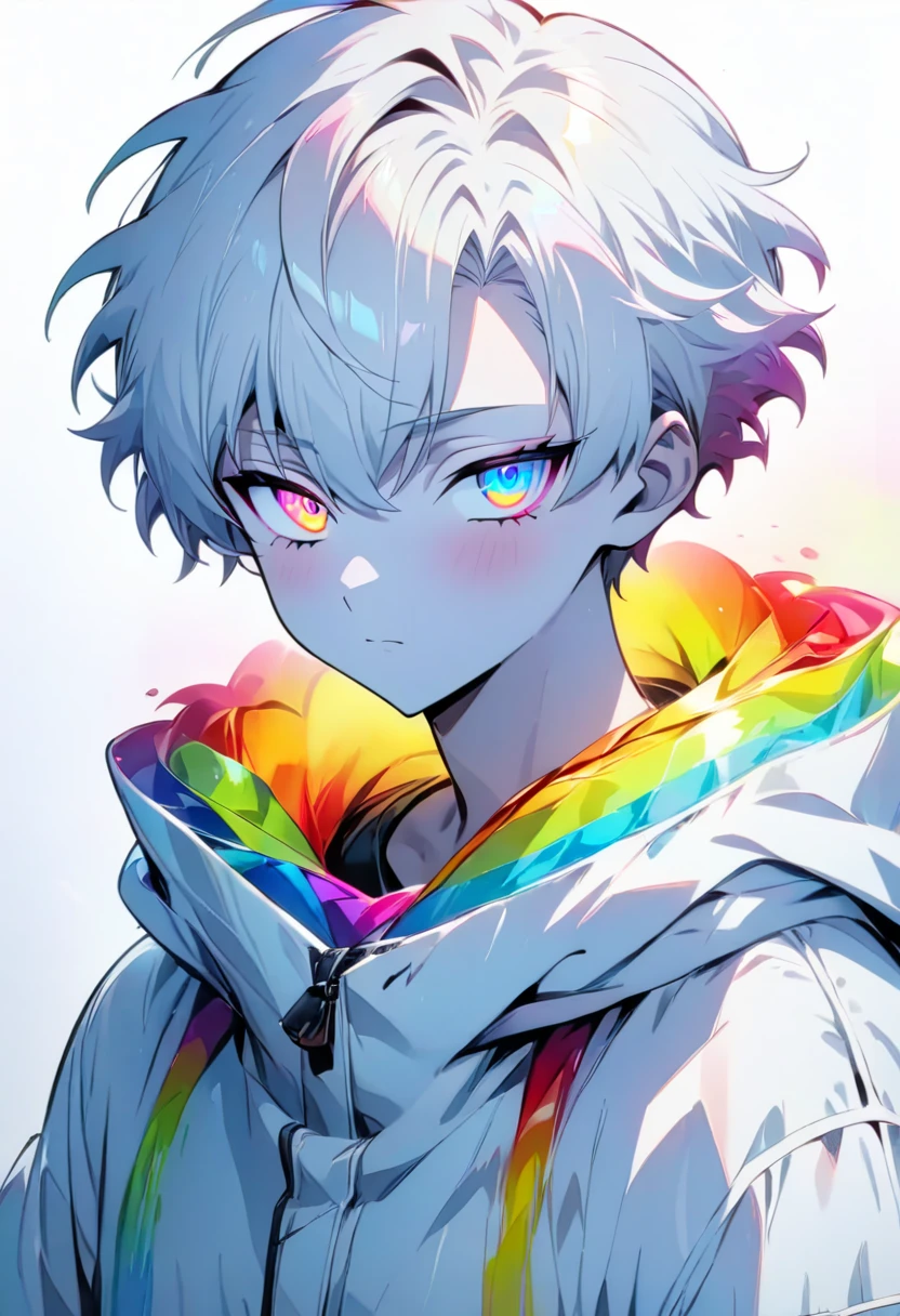 [(WHITE BACKGROUND:1.5)], ((masterpiece)), high quality, ((solo)), ((1 younger boy)), (white color short hair), (rainbow color eye), bright skin, white parka, upper body, ((anime style)),