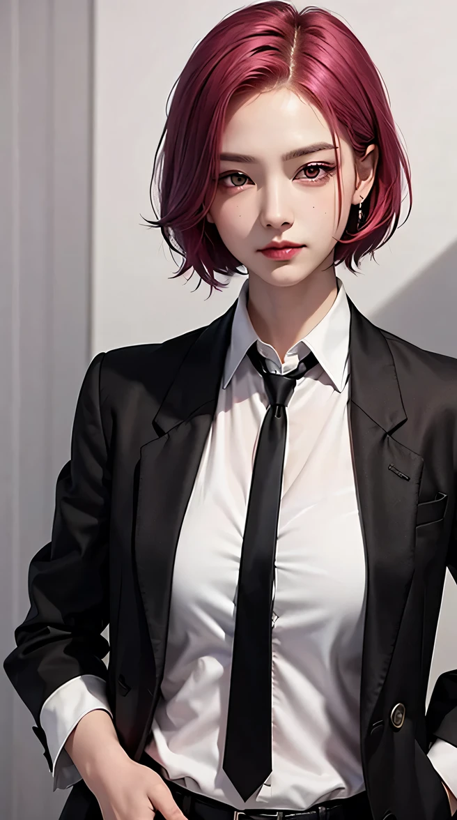 1 girl, magenta hair, short haired, red eyes, sharp eyes, smirk, arrogant face, arrogant, white shirt, black tie, black coat