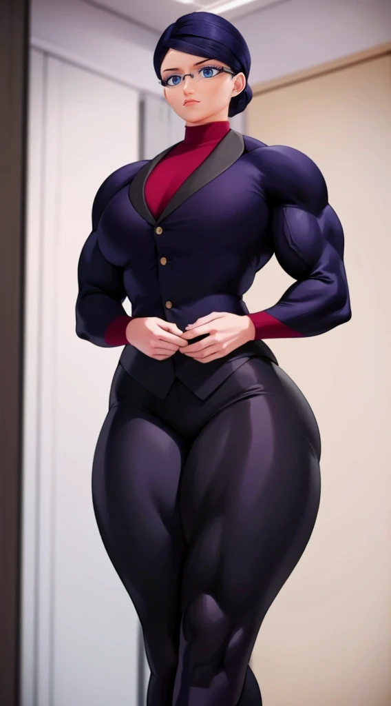 a muscular female bodybuilder in office suit, detailed face, beautiful detailed eyes, beautiful detailed lips, extremely detailed face and muscles, long eyelashes, strong muscles bulging through suit, dynamic pose, professional studio lighting, hyperrealistic, 8k, high quality, photorealistic, physically-based rendering, concept art, dramatic color palette