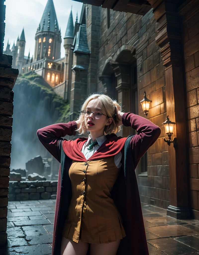 score_9, score_8_up, score_7_up, score_6_up, score_5_up, score_4_up, (8k, hd, best quality, highres), (extremely detailed), (ultra hyperrealistic photo: 1.2), ((Hogwarts wizard)), beautiful girl delicate features exuberantly youthful, messy short hair and thick bangs, large round glasses, ((wearing Hogwarts Gryffindor house student outfit)), (long open coat, hood, miniskirt, clothes in Gryffindor house colors, transparent white blouse with open neckline, thick wool high socks)), beautiful, charming, seductive, small spots of freckles, sweat on the skin, (open mouth, pink lipstick), (long muscular, sweaty thighs with delicate freckles on the thighs), hot, real skin with sweat, damp sweaty body, green eyes, (Hogwarts Castle: 1.3), on a dark staircase at night, dark staircase, without windows, gloomy, gloomy, leaning against the stone wall, arms up, hand above the head stretched body