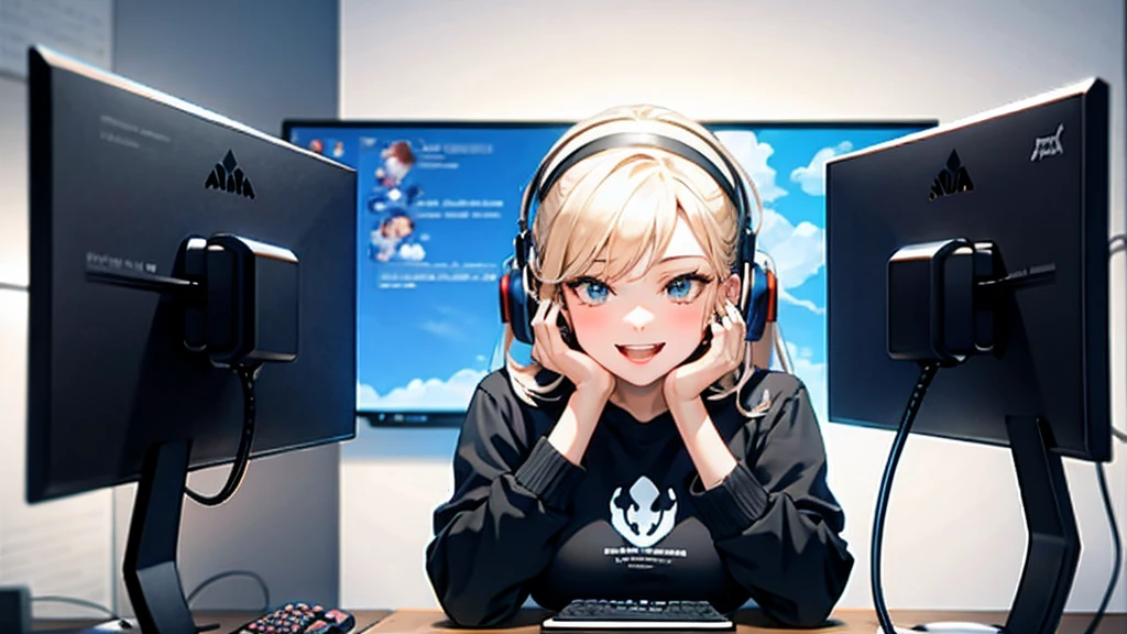 beautiful girl,Fine grain,Detailed lips,Long eyelashes,Soft and shiny hair,Great fashion sense,A strong and confident posture,play video games,Dedicated and focused expression,Comfortable gaming chair,High-end gaming setup,Dual Monitor,RGB lighting,Immersive gaming environment,Colorful Gaming Keyboard,Colorful Gaming Mouse,Competitive Gaming Headset,Wear game-themed clothing,Have a game controller,Addicted to the game,Competitive gaming spirit,Win the game,Celebrate victory with a big smile,Breathtaking works of art,It is reminiscent of Renaissance paintings,Vibrant colors,Realistic details,Fascinating Background,Professional Painting,High-definition masterpiece,Ultra-fine detail,Photorealistic Rendering,The perfect balance between light and shadow,Post-processing effects,A fascinating mix of fantasy and reality