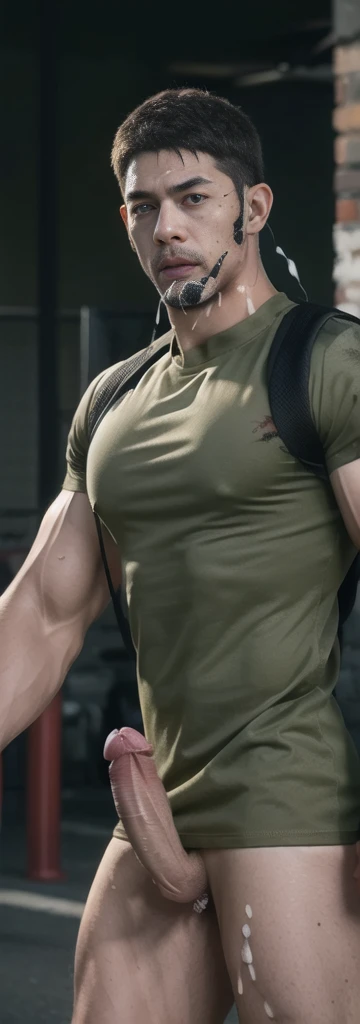 (NSFW: 1.5),(Create a masterpiece: 1.2),(CGI art:1.3),(realistic:1.5),(After processing:1.3),(Sharp focus:1.3), (man Fight, shoot guns, join in battle:1.5 ), (Close your eyes.), Open mouth, show teeth, , straight, front ,Chris Redfield ,(black hair), smile open mouth, , (Wear color olive green round neck T-shirt: 1.5), (with a Police badge: 1.2), , olive green cargo, (Torn shirt:1.4), (wound: 1.3) , (blood splatters) ,( abrasions on face: 1.2), (Blood stains on the face and body: 1.2), Korean guy , korean men, (High gloss details), chest muscles, large arm muscles, blood vessel, Big muscles, Broad shoulders, looking at the audience, Balancing the eyes, middle of the road , (Carrying a black backpack: 1.3) , (Cum:1.8), (genital very long big : 1.5), (Big testicles), (Erection of the penis: 1.5),