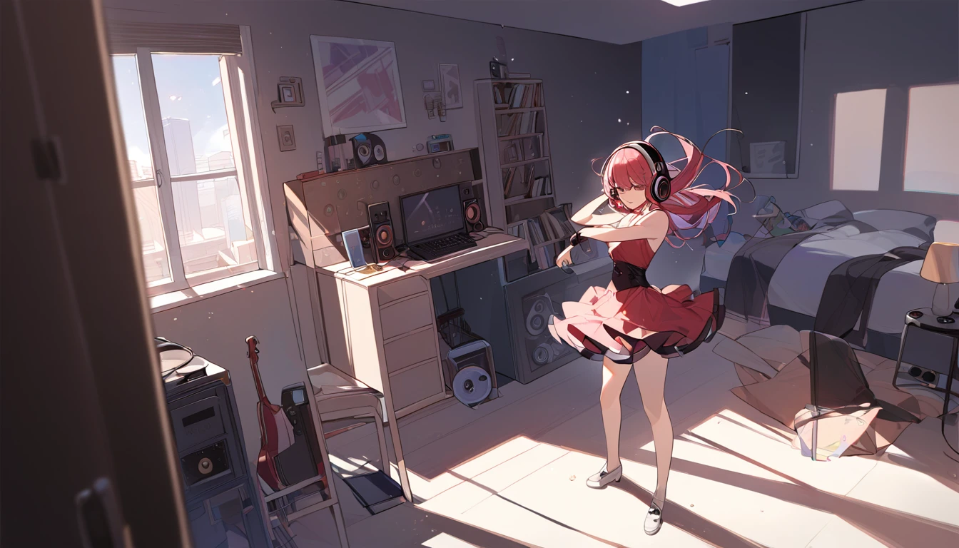 A girl dancing solo with headphones on in her room - "Solo jam session",chat ear、Dancing Girl