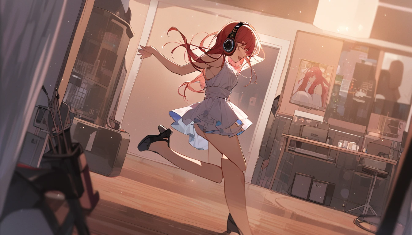 A girl dancing solo with headphones on in her room - "Solo jam session",chat ear、Dancing Girl