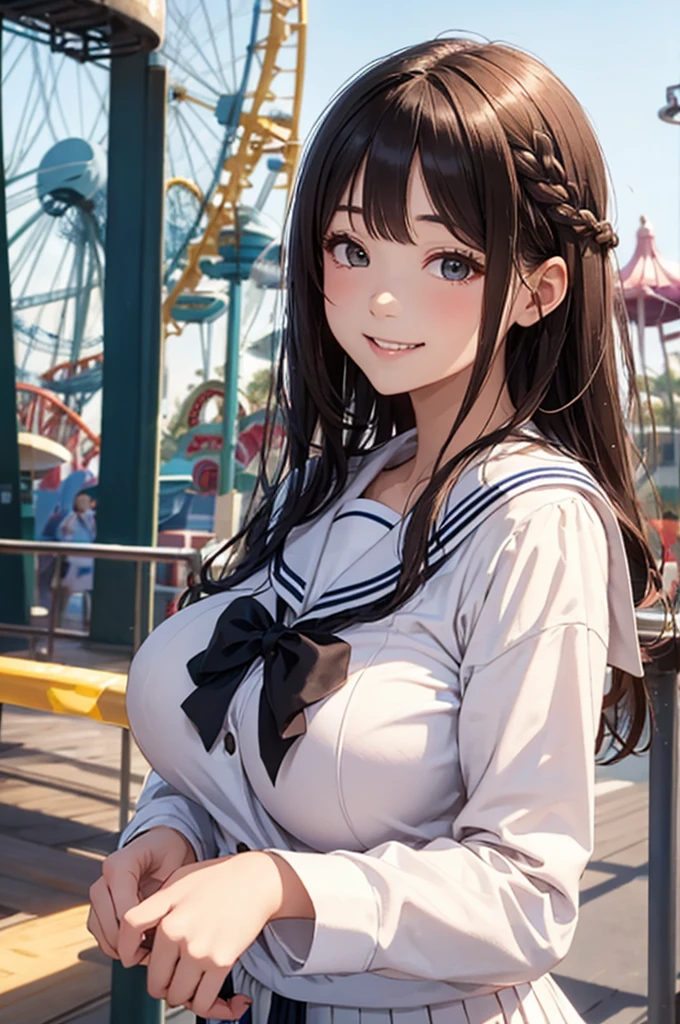 highest quality、High resolution、Detailed Background、 Girl、(Huge breasts:1.3)、brown hair、Braided long hair、Perfect body line、Calm atmosphere、Elegant and cute、Feminine atmosphere、cute gesture、A big smile、
Sailor suit in bright colors、White sailor collar、Checkered pleated mini skirt、Brightly colored school cardigans、petticoat、White knee-high socks、Amusement park date、Sailor collar seen from the side