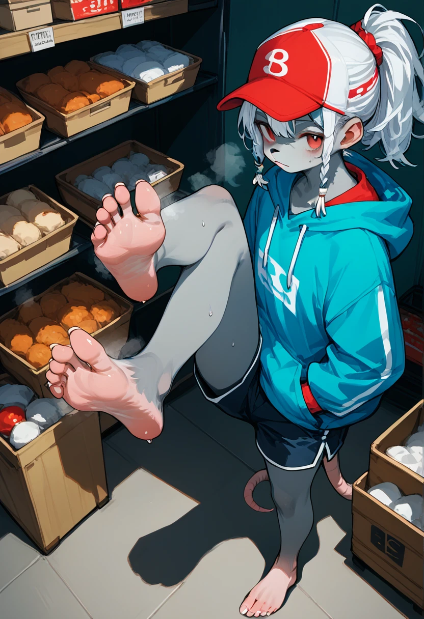 score_9,score_8_up,score_7_up,score_6_up,score_5_up, source_anime, source_furry, furry male, furry, tall, anthro, rat, anthro_rat, grey fur, red eyes, white hair, dreadlocks, ponytail, paw_sloe,sharp_toenails, long toenails, claws, barefoot, plantigrade, 5 toes, (standing and show foot,standing and toe-point,toe-point,from above,standing,foot focus,leg up,fish eye,standing on one leg), store storeroom, hoodie,baseball cap,hands in pockets,micro shorts,steaming and sweat foot
