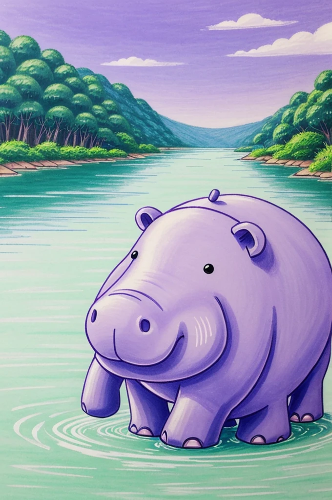 Create a simple drawing of a cute, chubby light purple hippo anime style, in the river side