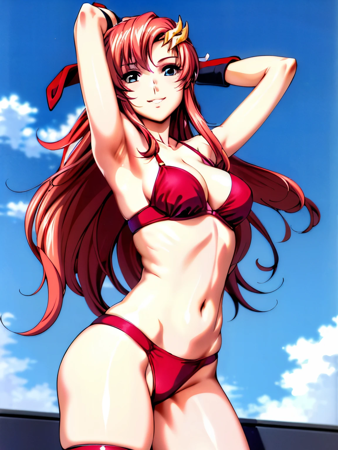 lacus4, (red bikini, running, thong, tall girl, masterpiece, cowboy shot, very slim shoulders, 4K, Best Quality, Anime style: 1.9, happy, Adult Woman, (ultra detailed head), (Crowd, cloud background), Drawing lines, high resolution, lacus4), 1girl, Solo, curvy figure, clavicle, scapular, (Detailed wide hair bangs, very long hair, Hair Ornament, Detailed reddish-pink hair, shiny streaks, slim arms, detailed golden crest), , large hands, (hair cover shoulders). (Big blue eyes, shiny eyes), ((female wrestler, (slim body), slim arms, thighs)), ((perfect proportions, medium-small breasts, thighs, long belly)), ((totally red bra, leg strap)), smile with a wink, (standing, hot colors), detailed fingers, (bare shoulder, stretching, one arm up, looking away)