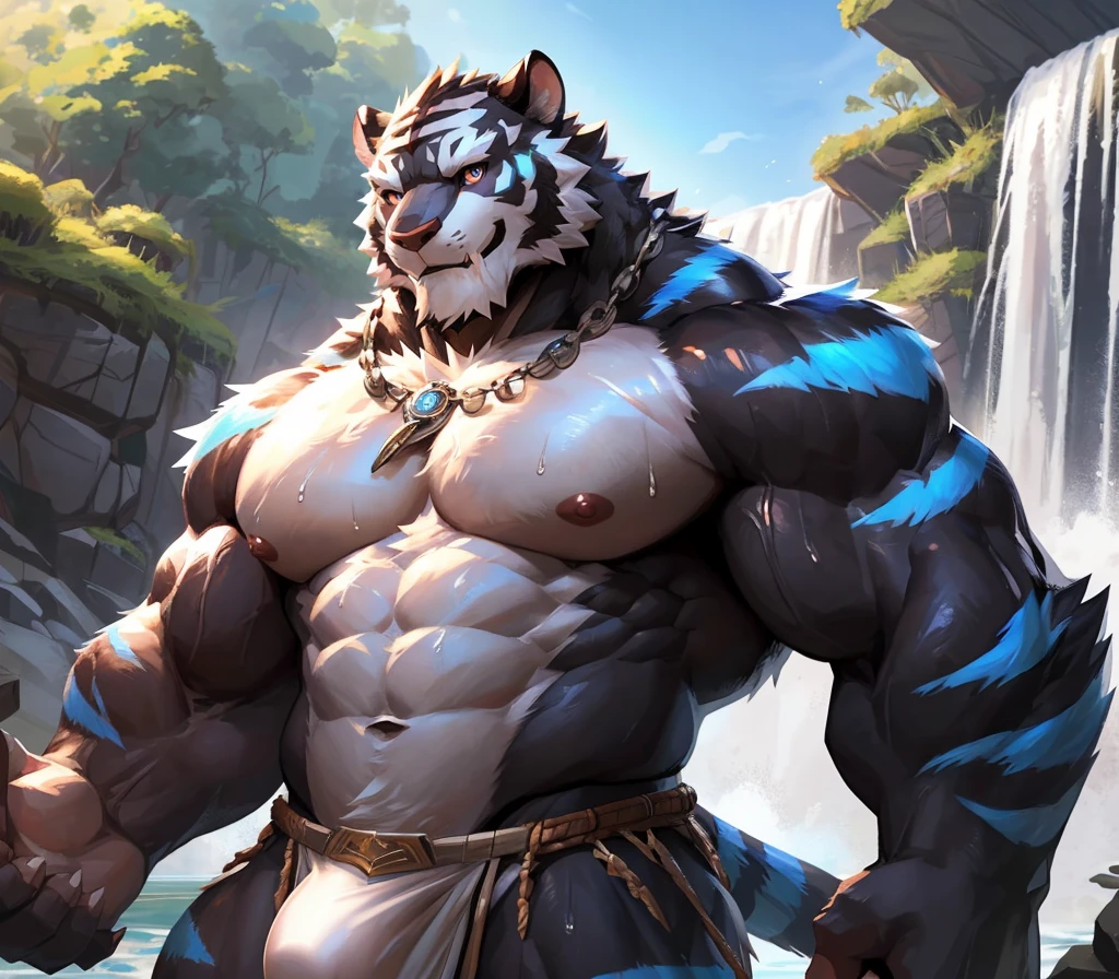 absurdres, ((best quality)), ((masterpiece)), (ultra detailed), perfect face,(sharp eyes),sharp focus, (by null-ghost, by lindong), (male antro black tiger):2.0, ((blue stripes) ), ((black body)), (white belly), (tiger fangs, tiger ears, tiger tail), sharp eye,ultra-detailed eyes, Beautiful and delicate eyes, (dark crimson eyes), (white sclera), ((fluffy fur, fluffy, furry body)),((long white loincloth), with yellow pattern):0.8, muscular male , (wearing random pattern necklace), smile, (huge bulge), reflection, sexy body, middle-age, strong, looking at view, (((sfw:1.5))), big fellow, (huge body, abs, strong muscle, 8 pack), shirtless, tougue out, claw, pink nipples, handsome,Great physique,strong arms man, majestic, barbarous, handsome, by the waterfall, sweating:1.8