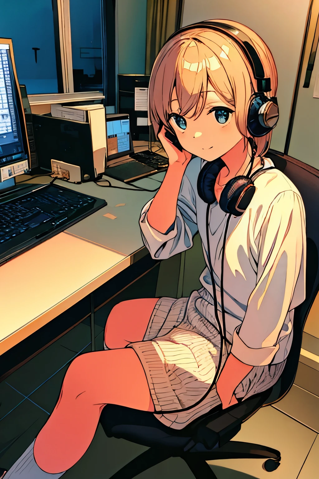 Sitting at a desk listening to headphones、I&#39;m opening my laptop。Outside the window、The wind is blowing with cherry blossoms falling like snow。With a very good look、relaxing。There is a mug with a cat on it on the desk, steam rising from it.。