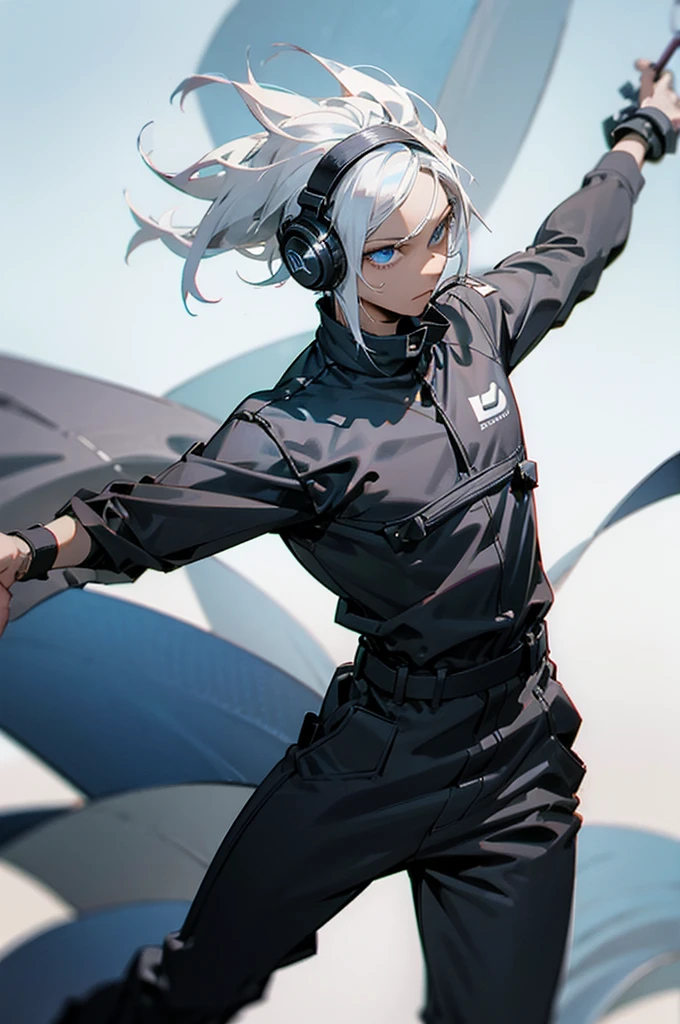 Young adult, Male, white hair, blue Eyes, African American skin color, black jumpsuit, headphones, Armed.