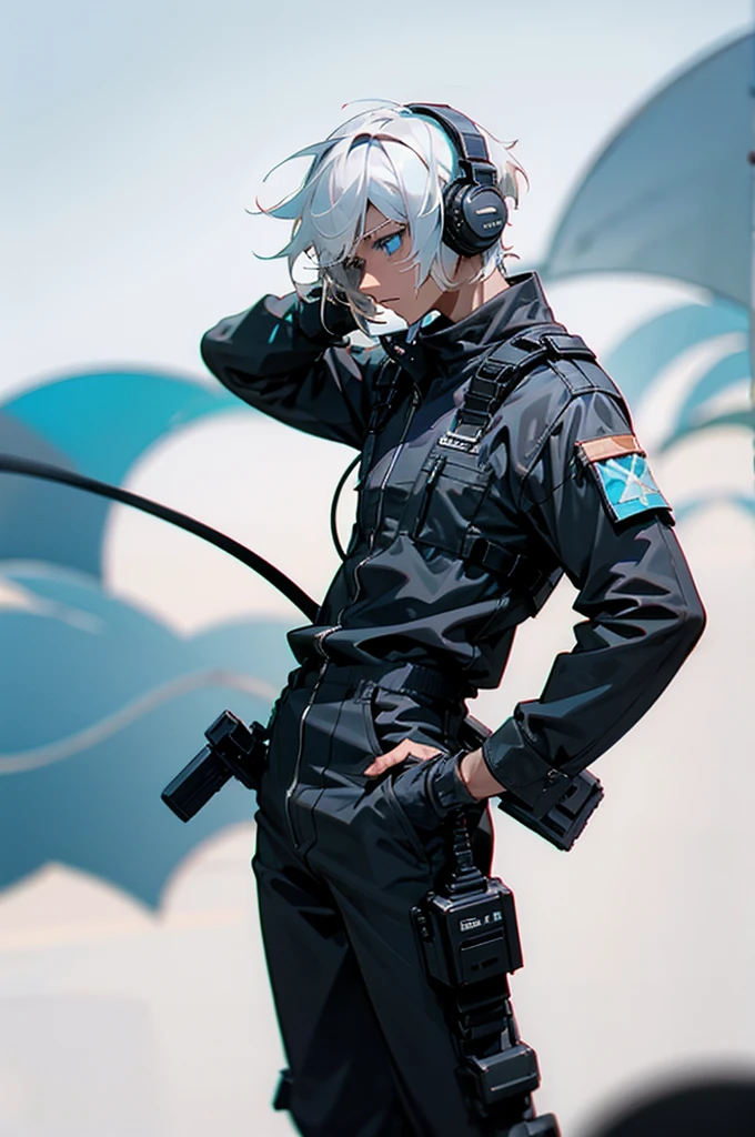 Young adult, Male, white hair, blue Eyes, African American skin color, black jumpsuit, headphones, Armed.
