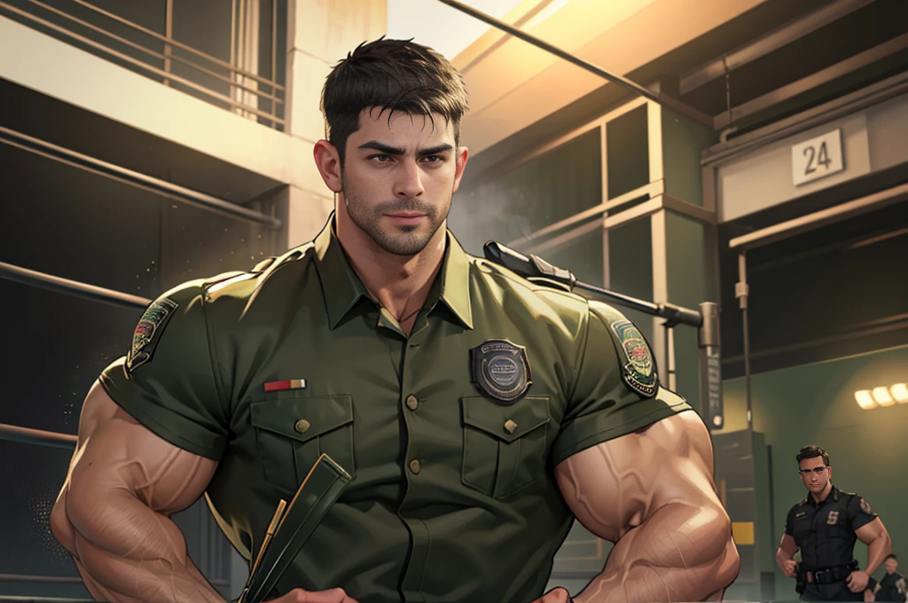 (Create a masterpiece: 1.2),(CGI art:1.3),(realistic:1.5),(After processing:1.3),(Sharp focus:1.3),1 man , straight, front ,Chris Redfield ,(black hair), smile, (Wear color olive green uniform with a Police badge: 1.2), olive green cargo, Korean guy , korean men, (High gloss details), chest muscles, large arm muscles, blood vessel, Big muscles, Broad shoulders, looking at the audience, Balancing the eyes, middle of the road,(Run and fight:1.6)